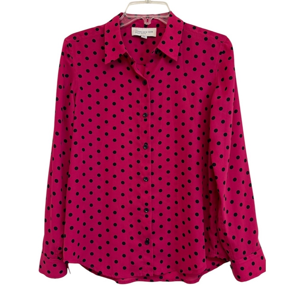 Jones New York Sport Petite Pink Polka Dot Button Down Blouse PM Long Sleeve